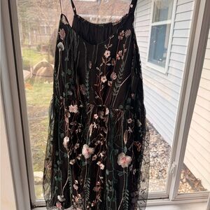 SHEIN Black Floral Embroidered Midi Slip Dress